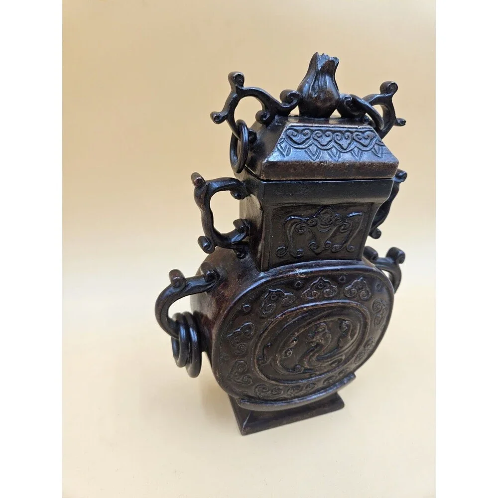 Hand Carved Chinese Jade Imperial Vase Incense Holder Floral Motif Lid Rings